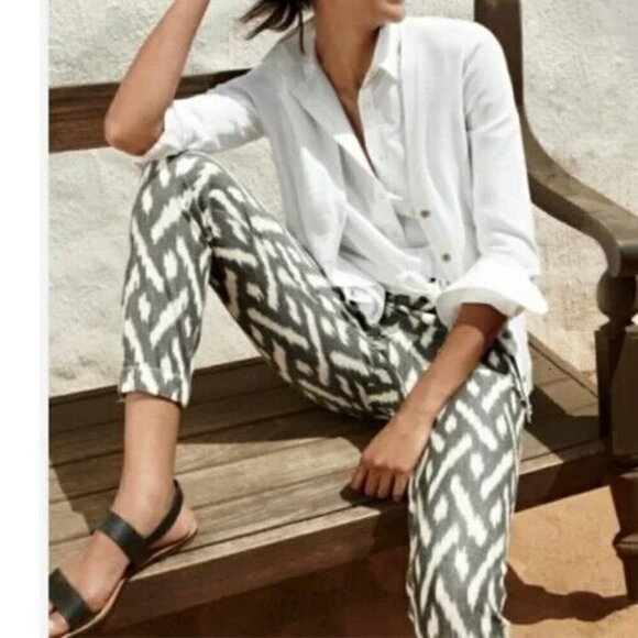 J Crew Seaside Ikat Print Pants Size 2 Joggers Gray White Pull On Boho Pockets - Picture 1 of 12